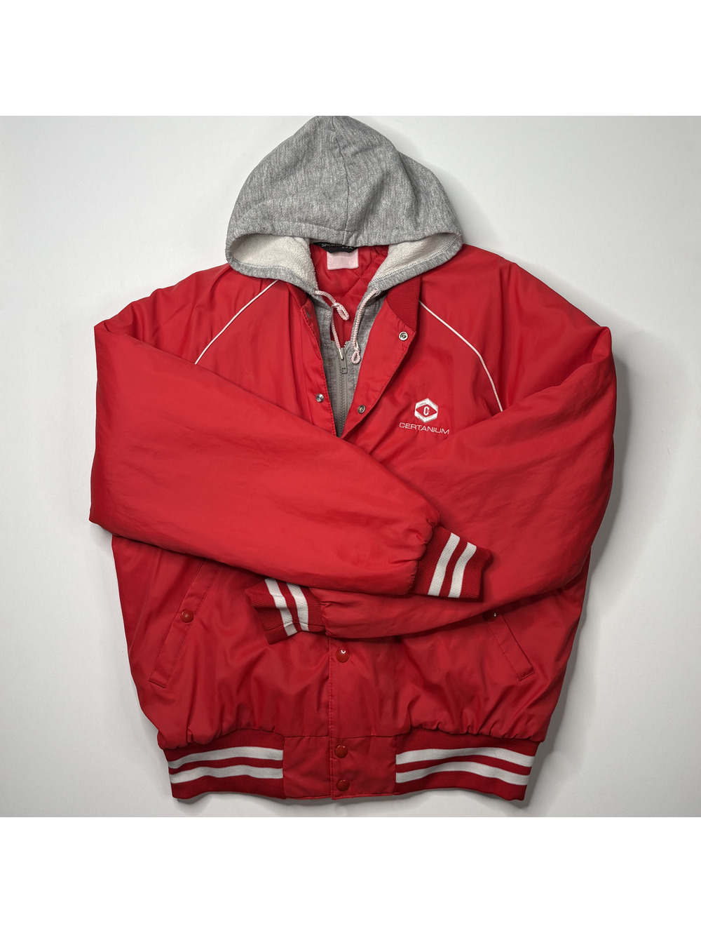 Vintage Sportsmaster Red Hooded Jacket Striped Trim